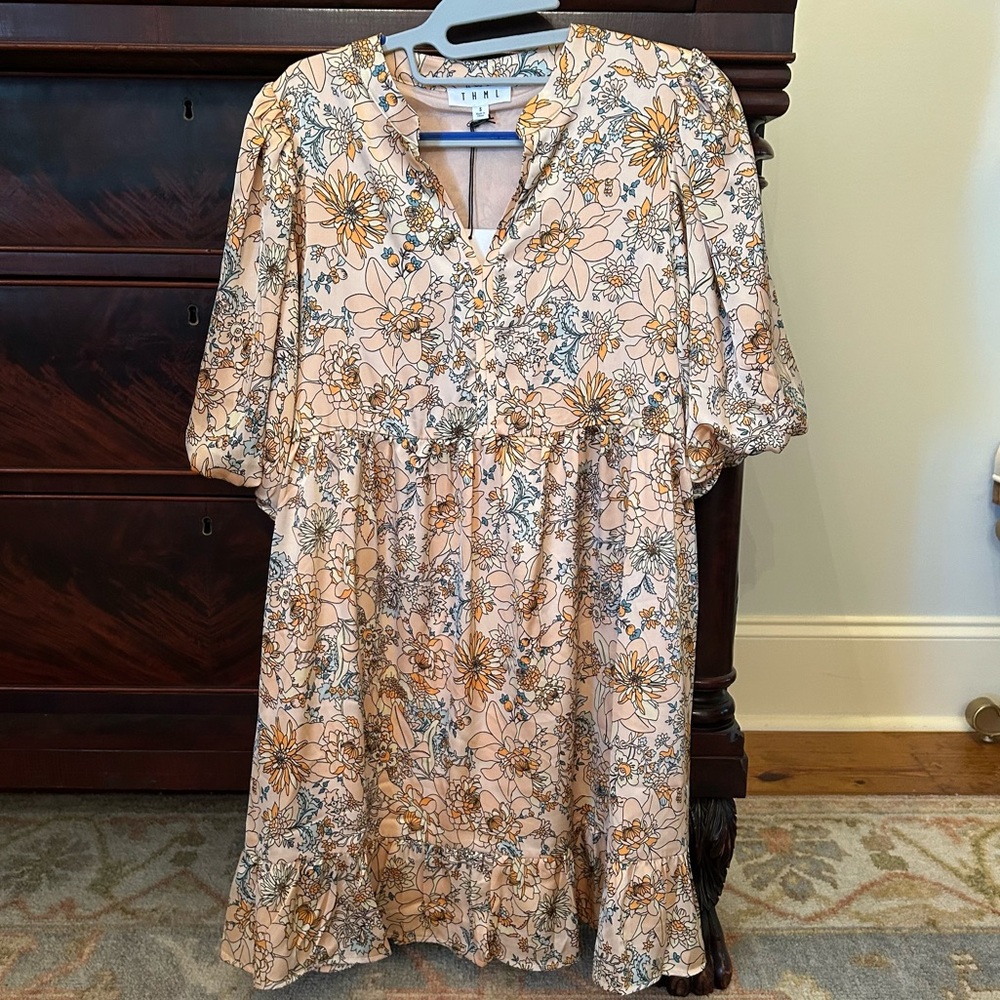 THML fall floral puff sleeve dress